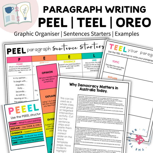 Paragraph Writing – PEEL, PEEEL, TEEL, OREO Graphic Organisers